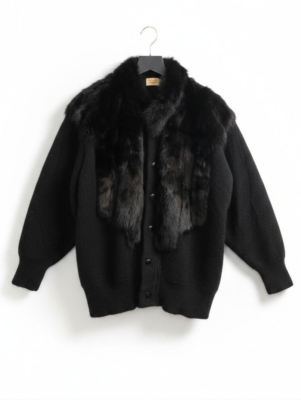 Vintage Black Fur Front Button-Up Cardigan Sweater